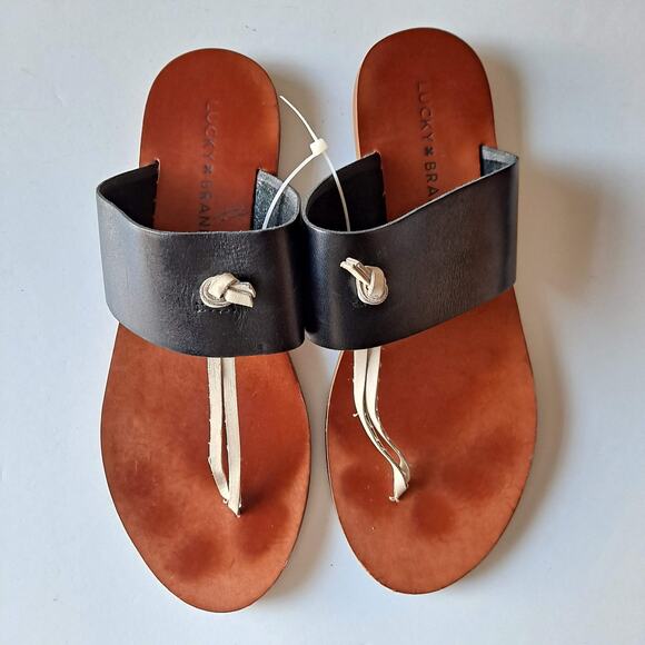 Lucky Brand Ari Black Leather White Knot Slide Thong Flat Sandals - Size 8M - Picture 5 of 10